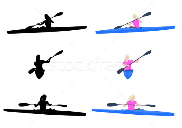 Stock photo: woman kayaking silhouettes and illustration