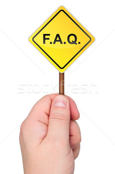 F.A.Q. road sign in hand isolated on white background. Stock photo © borysshevchuk
