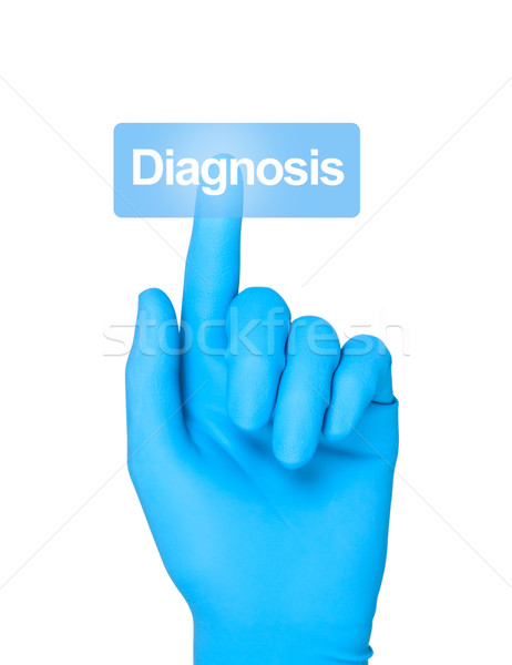 Hand in medical rubber glove finger presses button with word dia Stock photo © borysshevchuk