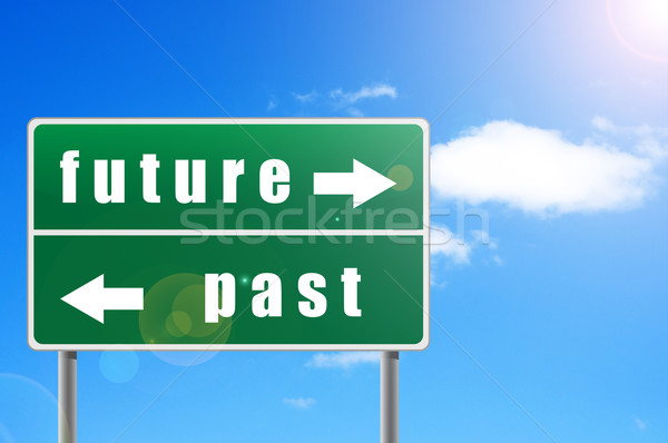 Zdjęcia stock: Znak · drogowy · przyszłości · przeszłość · niebo · chmury · projektu