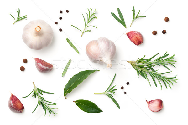 Garlic, Rosemary, Bay Leaves, Allspice and Pepper Isolated on Wh Stock photo © Bozena_Fulawka