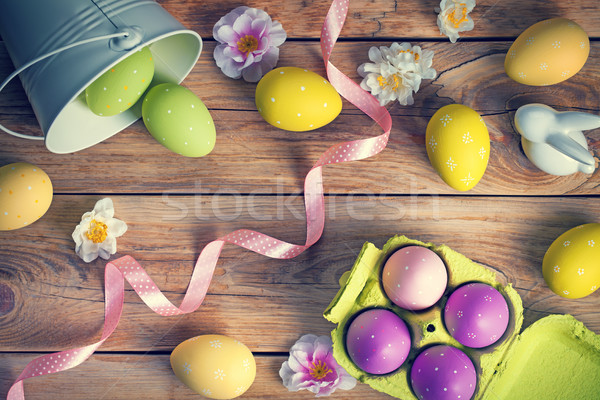 Foto stock: Pascua · huevos · de · Pascua · superior · vista · flor · conejo