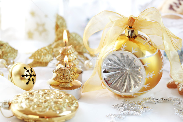Vidám karácsony dekoráció labda gyertyák arany Stock fotó © brebca