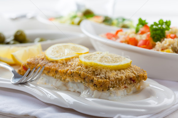 Foto stock: Peixe · filé · couscous · salada · fresco