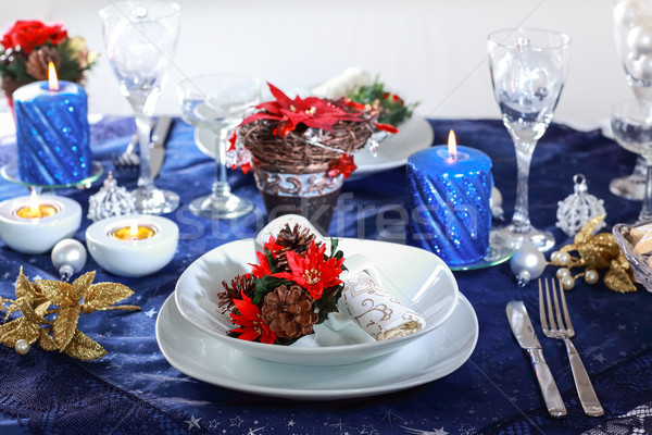 Crăciun tabel loc albastru restaurant cină Imagine de stoc © brebca