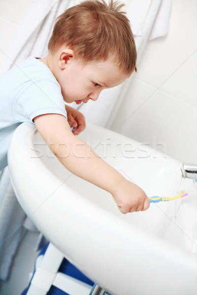 Tandheelkundige zorg klein jongen wassen tanden kind Stockfoto © brebca