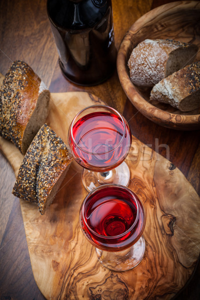 Stockfoto: Twee · bril · rode · wijn · brood · drinken · fles