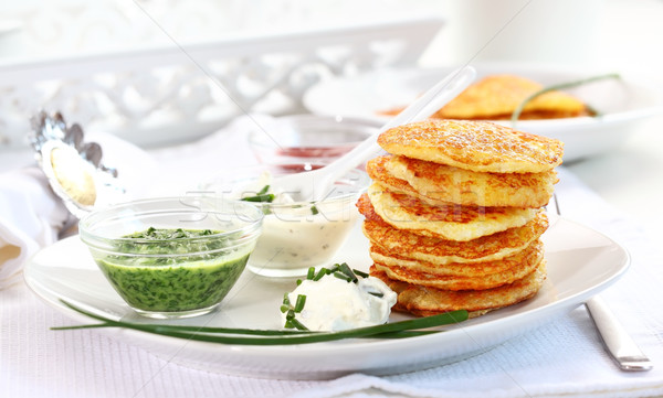 Potato pancakes with three dips Stock photo © brebca