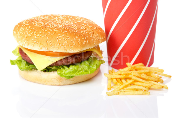 Foto stock: Cheeseburger · soda · bebidas · branco · raso