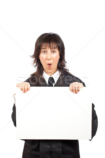 Stock photo: Surprised judge behind the blank card