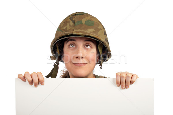 Stock foto: Neugierig · Soldat · Mädchen · nachschlagen · halten · Werbung