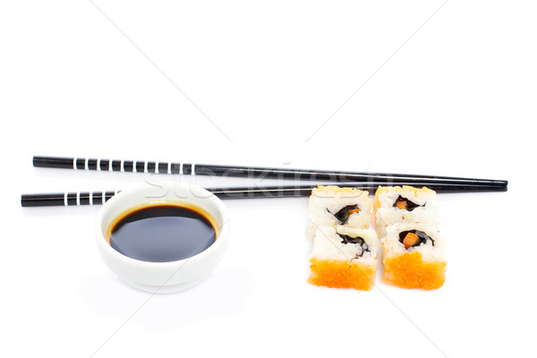 Stockfoto: Sushi · sojasaus · eetstokjes · witte · ondiep · voedsel