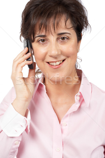 Foto stock: Mujer · sonriente · hablar · teléfono · blanco · mujeres · feliz