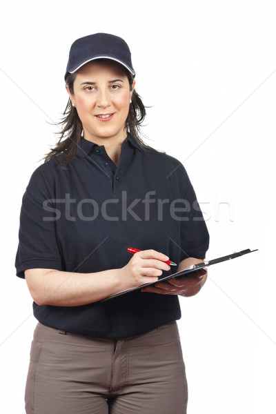 Smiling courier woman writing Stock photo © broker