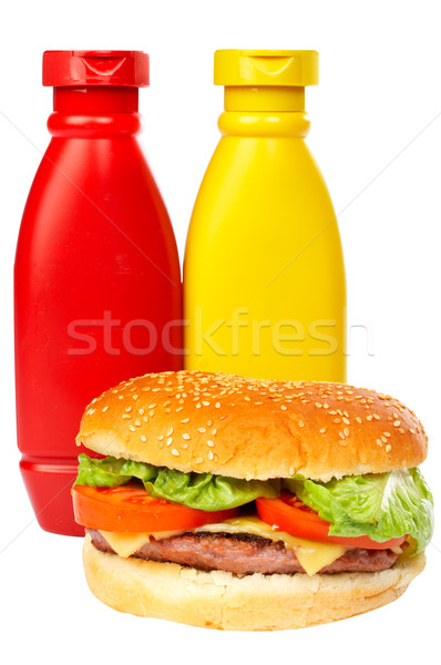 Hamburger mosterd ketchup flessen kaas fles Stockfoto © broker