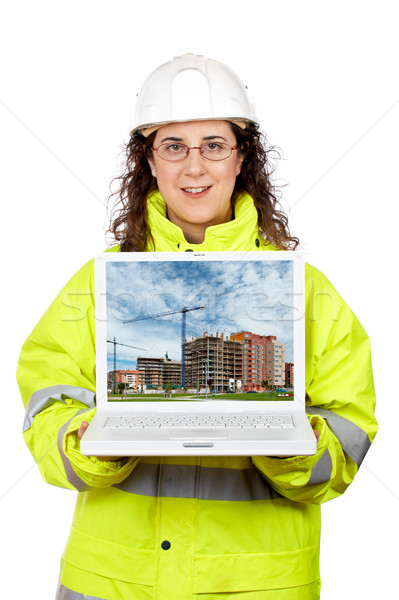 Stockfoto: Tonen · gebouw · bouw · laptop · vrouwelijke · bouwvakker