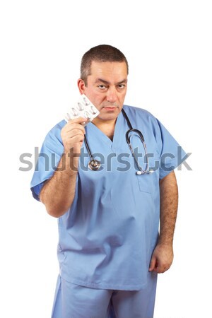 Foto stock: Médico · pílulas · amigável · médico · do · sexo · masculino · azul