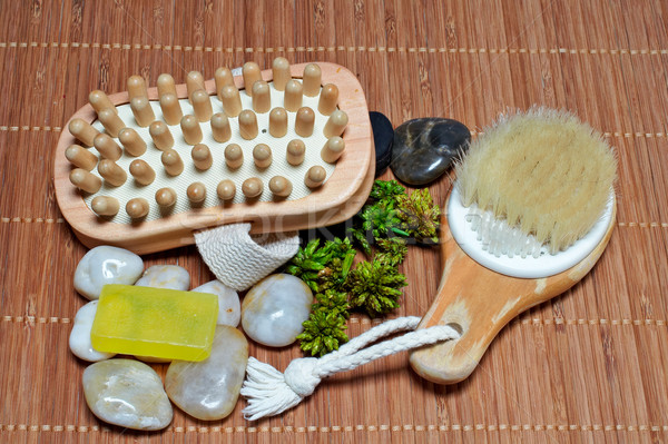 Fürdőkád kellékek szépségipari termékek egészség jóga fürdőszoba Stock fotó © broker