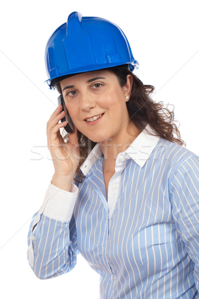 Stockfoto: Vrouwelijke · architect · telefoon · glimlachend · praten · handen