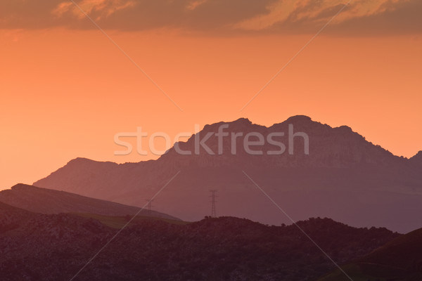 Hochspannung Türme Sonnenuntergang Berge Natur Licht Stock foto © broker