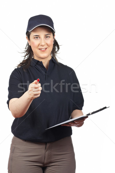Smiling courier woman writing Stock photo © broker
