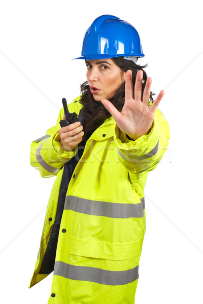 Beszél adóvevő stop komoly női építőmunkás Stock fotó © broker