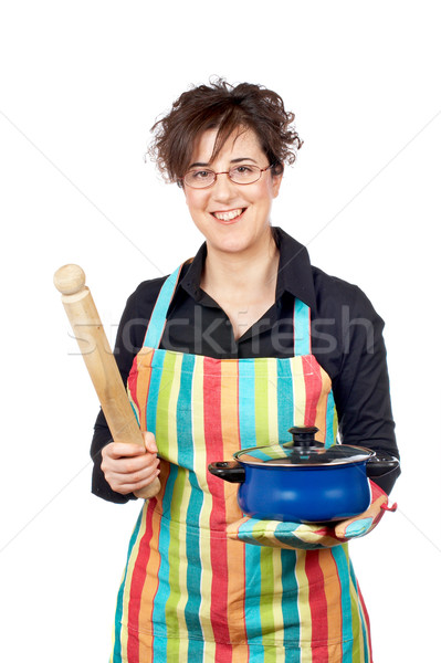 Holding a blue pan and wooden rolling Stock photo © broker