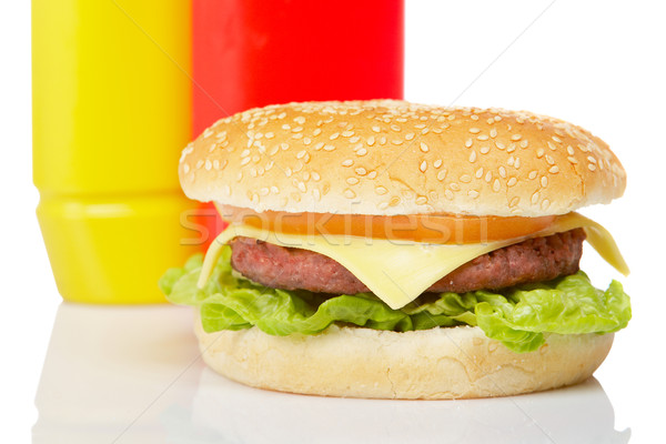 Cheeseburger with mustard and ketchup Stock photo © broker