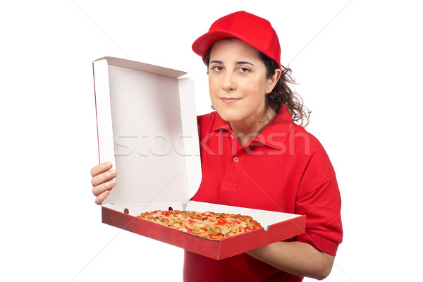 ストックフォト: ピザ · 配信 · 女性 · ホット · 孤立した