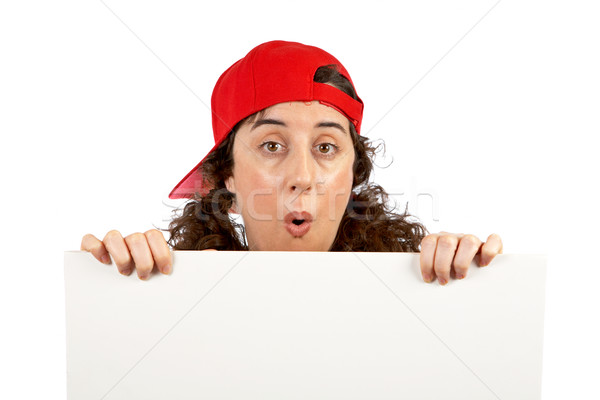 驚いた 好奇心の強い 女性 赤 野球帽 後ろ ストックフォト © broker