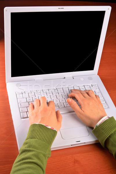 Vrouw werken laptop zakenvrouw hand schrijven Stockfoto © broker