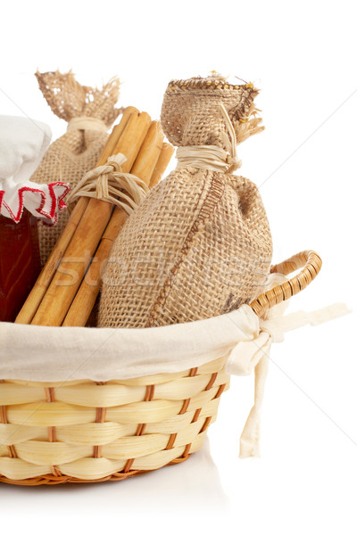 Stock photo: Burlap sac, jam jar, cinnamon and 