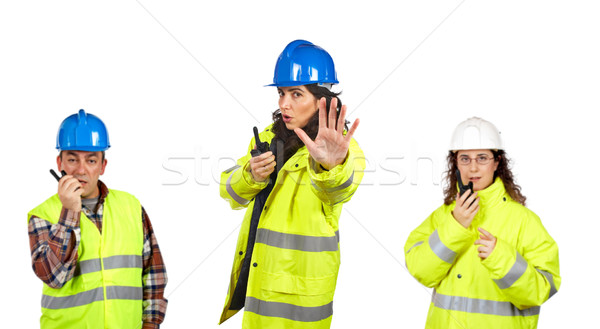 építkezés munkások beszél adóvevő három fehér Stock fotó © broker