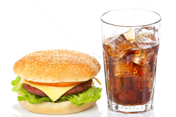 Zdjęcia stock: Cheeseburger · sody · szkła · biały · płytki