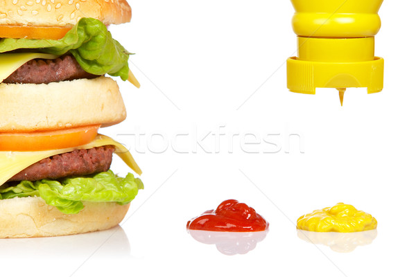 Stock fotó: áramló · mustár · dupla · sajtburger · ketchup · sajt