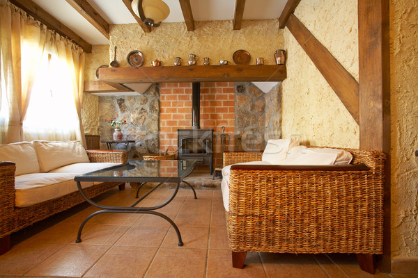 Salon cheminée vue confortable vieux bois [[stock_photo]] © broker