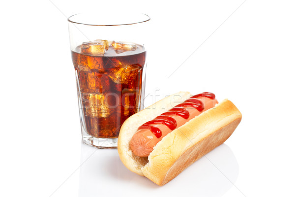 Stockfoto: Hot · dog · soda · glas · witte · ondiep