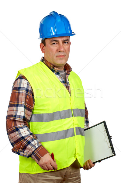 építőmunkás zöld mentőmellény notebook fehér férfiak Stock fotó © broker