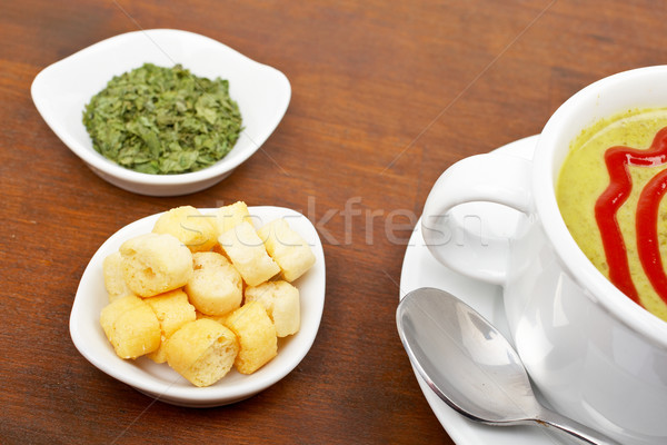 Puree, bread croutons and parsley Stock photo © broker