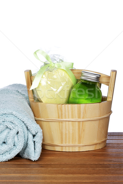Fürdőkád kellékek szépségipari termékek fából készült sekély üveg Stock fotó © broker