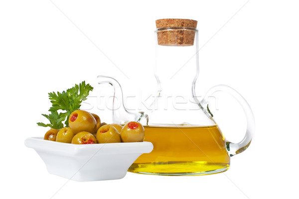 Oilcan and olives with parsley Stock photo © broker