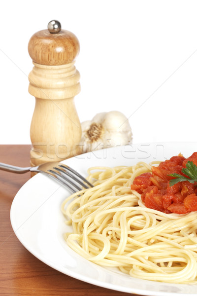 Stock fotó: Spagetti · frissen · főtt · tányér · paradicsomszósz · eszik