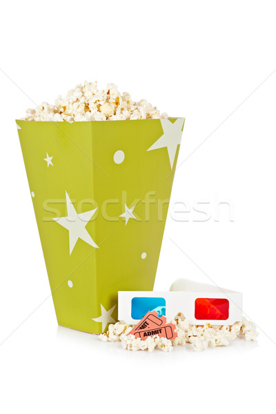 Stock photo: Popcorn bucket, two tickets and 3D glasses