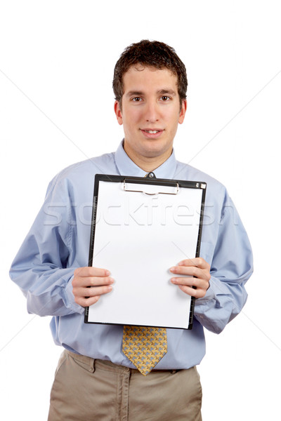 [[stock_photo]]: Souriant · affaires · presse-papiers · blanche · yeux