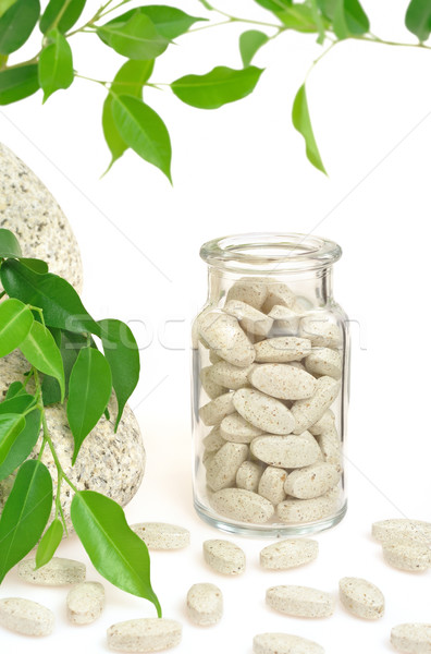 Herbal supplement pills and fresh leaves  – alternative medicine still life Stock photo © brozova