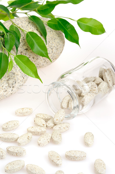 Szárított növénygyűjtemény kiegészítő tabletták ki üveg alternatív gyógymód Stock fotó © brozova