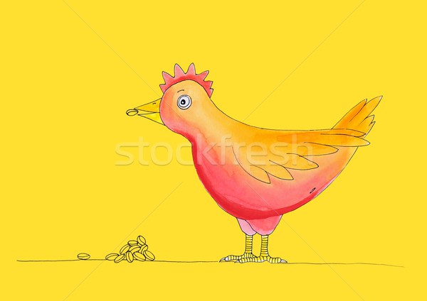 Chicken having meal, child's drawing, watercolor painting on paper Stock photo © brozova