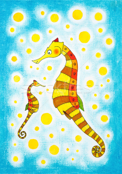 Seahorses, child's drawing, watercolor painting on paper Stock photo © brozova