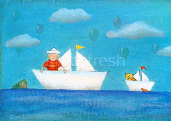 Young boy sailing, child's drawing, oil painting on canvas Stock photo © brozova
