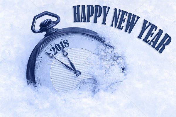 Stock photo: 2018 Happy New Year, New Year 2018 greeting card, pocket watch in snow, English text